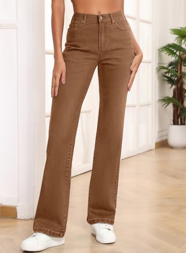 Image of Sidefeel Women's Wide Leg Jeans High Waisted Tummy Control Stretchy Straight Leg Elastic Waist Trendy Denim Pants