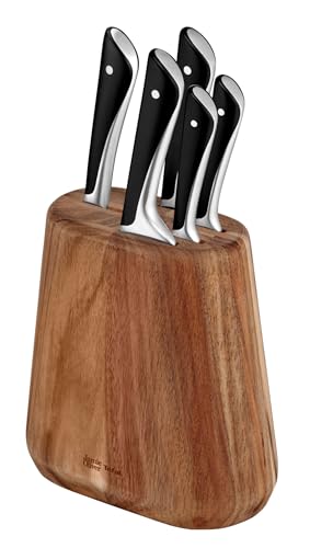 Tefal Jamie Oliver 5 Piece Kitchen Knives Set with Knife Block, German Stainless Steel, Ice Hardened, Acacia Wood, K267S655