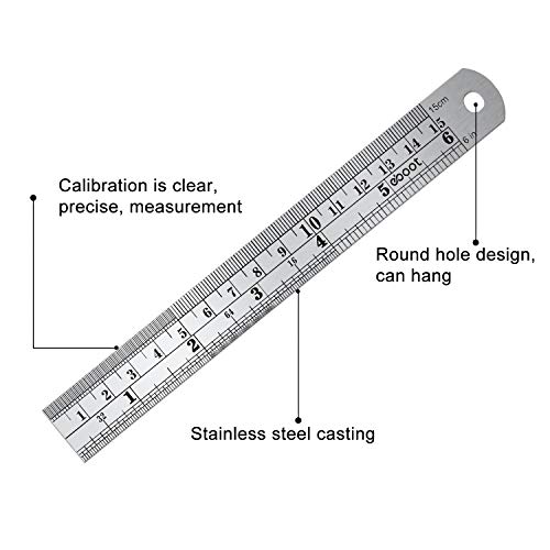 EBOOT Stainless 2 Pack Steel Ruler 6 Inch Metal Rule Kit with Conversion Table