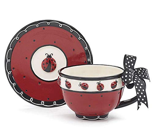 Whimsical Ladybug Teacup and Saucer Set with Bow on Handle Adorable Teacup for Teas