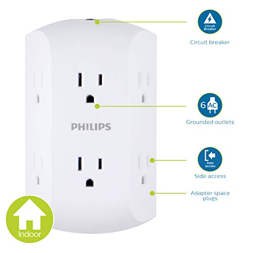 Philips 6-Outlet Extender With Resettable Circuit Breaker, Grounded Adapter, Multi Outlet Wall Charger, Side Access, Space Saving Design, Wall Tap, White, Sps1460Wh/37 #TOP1