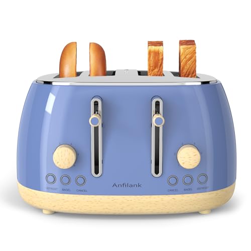 Toaster 4 Slice,Retro Stainless Steel Toaster with Extra Wide Slots Cancel, Bagel, Defrost Function, Dual Independent Control Panel, Removable Crumb Tray and High Lift Lever (Sapphire Blue)
