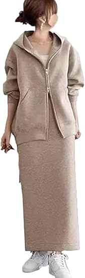 プライムニット　フード付きパーカー　タイトスカート　セットアップ　上下セット Amazon.co.jp: 2点セット フード付き レディース コート ロング