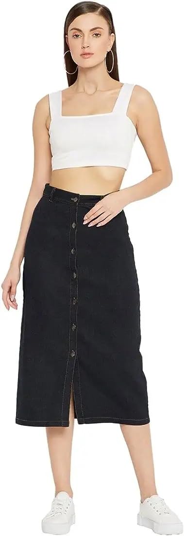 Washed Black Plain Buttoned Straight Long Denim Woman Skirt-image-0