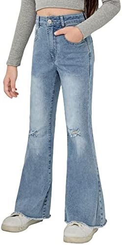 WDIRARA Girl's Butterfly Print Elastic Waist Wide Leg Ripped Jeans Denim Pants Bootcut Flare Light Wash 10Y