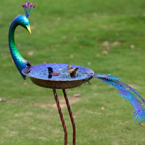 HLQMFHT 12.8' W*38.2' H Peacock Bird Baths for Outdoor, Metal Bird Feeder Seed Trayr,Bird Bath...
