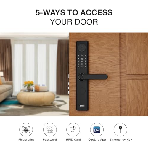 Image of Ozone Smart Door Lock with WiFi & HD Camera | Fingerprint, App, Password & RFID Access | 4-Way Unlock | Fits 35-110 mm Wooden & Metal Doors | Black