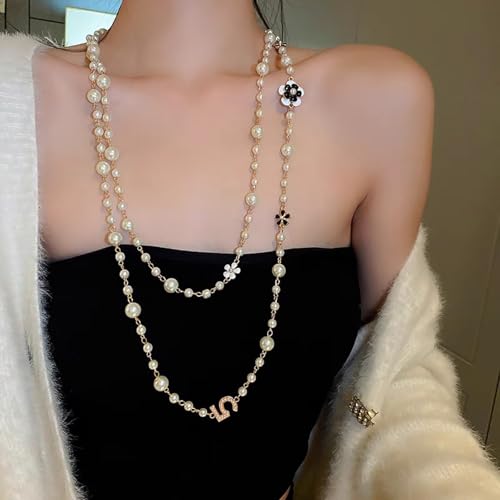 Imitation Pearl Neckalce Camellia Flower Number 5 Long Layered Charm,Long Layered Charm Sweater Neckalce for Women2