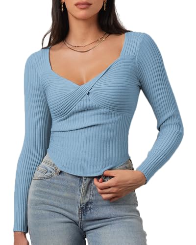 Image of CHYRII Womens Sexy Fall Fashion Twisted Tops Ribbed Knit Winter Pullover Sweater Going Out Crop Tops