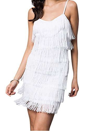 Image of Cheryl Creations Women's Short All-Over Fringe Flapper Sleeveless Comfortable Day /Night Mini Dress with Adjustable Bra Straps