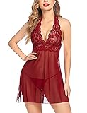 Avidlove Women Lingerie Lace Babydoll Halter Chemise Sheer Sleepwear Dark Red L
