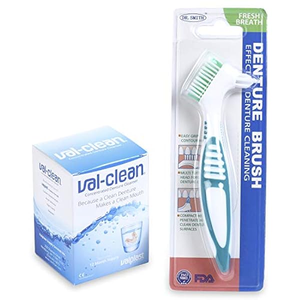 Val-Clean concentrado retenedor de dentaduras parciales y nocturno limpiador en polvo unido con cepillo de limpieza de dentaduras y práctica tarjeta de referencia para el cuidado de dentaduras