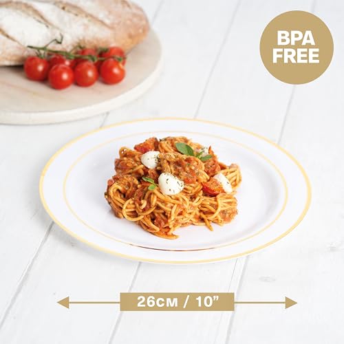 Matana 25 Piatti in Plastica Bianca Premium con Bordo Dorato, 26cm - Eleganti, Resistenti e Riutilizzabili - Matrimoni, Compleanni, Battesimi, Natale, Barbecue, Feste - immagine 4