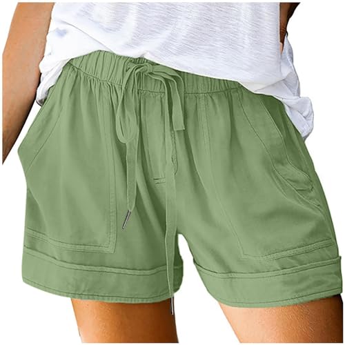 Generisch Pantalones cortos de verano para mujer, cintura alta, cordón elástico, elegante, algodón, pantalones elásticos, bermudas de pierna recta, pantalones cortos de ocio, pantalones cortos de lino