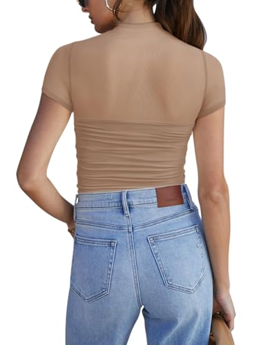 Image of REORIA Women's Sexy Mock Turtle Neck Short Sleeve Shirts Sheer Mesh Ruched Trendy Going Out Bodysuits Tops