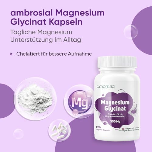 Magnesiumglycinat 350mg elementares Magnesium – Vorrat für 4 Monate – Magnesiumbisglycinat – 120 vegane Kapseln - Ambrosial
