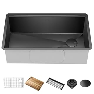 KRAUS Kore Workstation 32-inch Undermount 16 Gauge Black Stainless Steel Single Bowl Kitchen Sink in PVD Gunmetal Finish with Accessories, KWU110-32/PGM