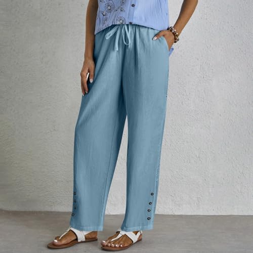 HOTYD Womens Hollow Out High Waist Linen Pants Drawstring Elastic Waist Summer Casual Pants Loose Fit Trousers with Pockets2