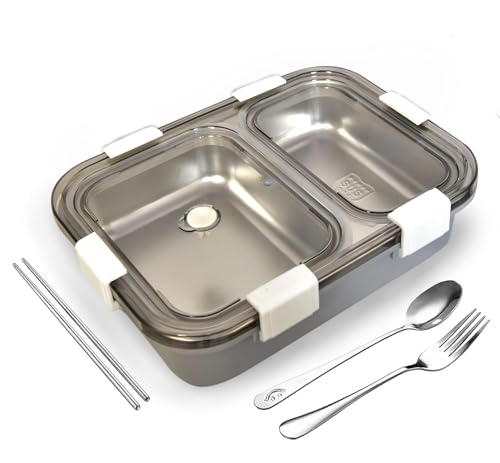 Image of Storescent Lunch Box with Compartment, Leak-Proof BPA Free Stainless Steel for School, Lunch Box for School & Office with a Fork, a Spoon and a Pair of Chopsticks (Grey, 2 Compartment)