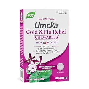 Nature’s Way Umcka Cold and Flu Relief Chewables, Non-Drowsy Multi-Symptom Relief, Homeopathic Cold Medicine & Remedy, Shortens & Reduces Severity of Colds, Berry-Flavored Cold & Flu Tablets, 20 Count