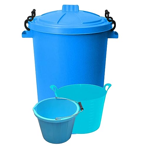 (Set of 3) 50L Litre Heavy Duty Clip Lock Lid Rubbish Bin, Dustbin /3 Gallon 14 Litre Plasters Builder Bucket and 20 Litre Flexible Plastic Storage Container Bucket Tub Trugs Horse Feeder (Sky Blue)