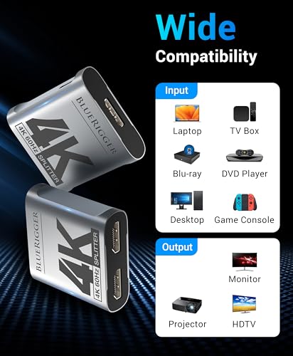 Image of BlueRigger HDMI Splitter 1 in 2 Out 4K HDMI 2 Port Splitter with Auto, Copy, and Fixed Mode for Dual Identical Display Support 4K 60Hz 3D, Compatible with Xbox, PS4 Pro, PS5 etc