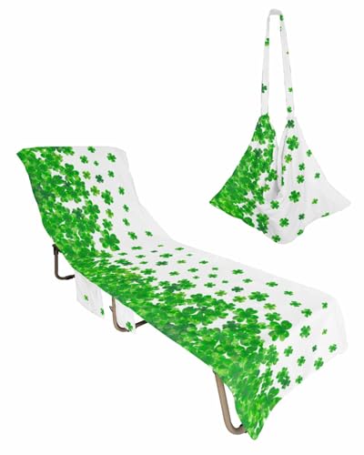 Green St. Patrick's Day Beach Lounge Chair Towel Cover, Soft Chaise Lounge Towel with Side Pockets Patio Pool Chairs Cover for Beach/Pool Sunbathing 29x85 Lucky Clover Watercolor Botanical