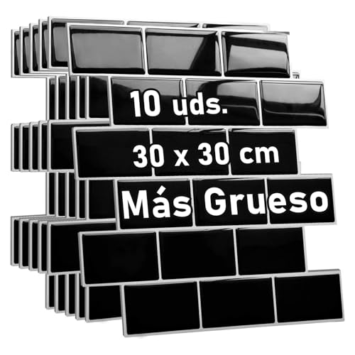 Yoillione Grueso Azulejos Adhesivos Cocina: 10-Piezas Baldosa Vinilo Cocina Pared - 3D Azulejo Metro Adhesivo, 30x30 cm (Negro)