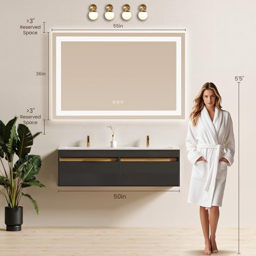 Image of 55x36 LED Bathroom Mirror with Anti-Fog, Backlit & Front Lit, Memory | Stepless Dimmable 3 Color CRI 95+ Shatterproof Tempered Glass ETL Listed for Safety Lighted Bathroom Vanity Mirror for Wall