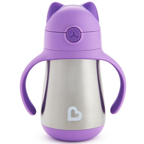 Munchkin Cool Cat Sippy Cup with Straw for Toddlers, Stainless Steel Straw Cup, 8 Ounce, Purple