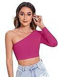 Romwe Women's Basic One Shoulder Long Sleeve Ribbed Knit Slim Fit Crop Top Tee T Shirt Hot Pink S