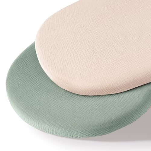 Image of MairMore Muslin Bassinet Sheets for Babies – Soft & Breathable 100% Cotton Fitted Sheets for Oval, Rectangle, Hourglass Bassinet Mattress Pads, 2-Pack (Ivory & Pink)