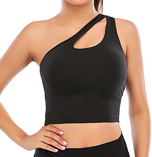 Youloveit One Shoulder Sports Bras for Women Medium Support Longline Padded Yoga Crop Tank Top with Built in Sports Bra（Black,L