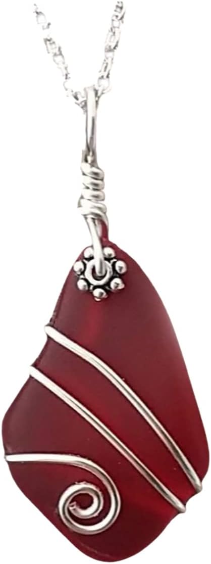 yinahawaii Handmade Sea Glass Necklace, Hawaiian Jewelry, Wire Red Necklace, Sea Glass Jewelry, Beach Glass Unique Birthday Gift For Women (January Birthstone)