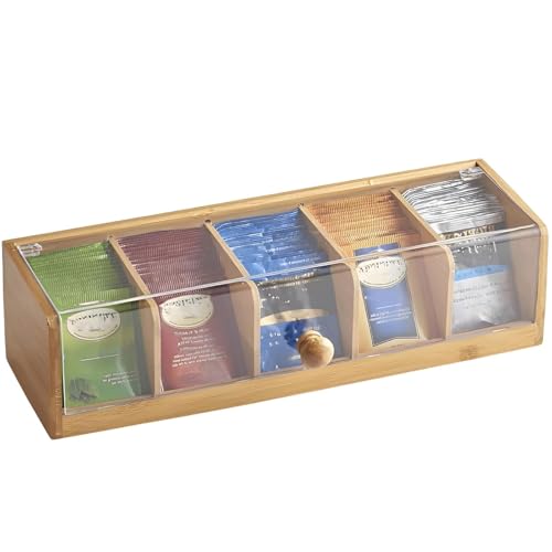 Bamboo Tea Bag Organizer with Acrylic Window 5 Compartments Tea Storage Box for Teabags Home Kitchen Office Countertop Tea Station Tea Holder for Pantry Drawer Cabinet