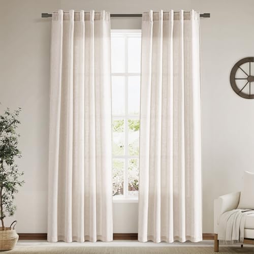 Beige Faux Linen Curtains 84 Inch Length 2 Panels for Bedroom Back Tab Pocket Semi Sheer Light Filtering Curtains Burlap Textured Farmhouse Curtain for Living Room Dining Room Aesthetic Decor 40x84