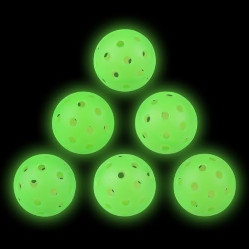 Amoswiz Pickleball Balls 6 Pack Outdoor Glow in The Dark Pickleballs with Mesh Bag Luminous Gifts Light Up Green High Visibility & Durable for Training