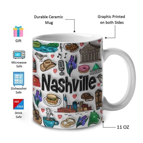 Lotacy Nashville Symbols Colorful 2D Coffee Mug With Flag, 11oz Ceramic Coffee Mug, Nashville Souvenirs and Gifts - Image 4