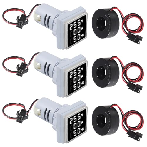 XIITIA 3pcs 3 in 1 60-500V 0-100A AC Digital Ammeter Voltmeter, 22mm Square Digital Tube Screen with Transformer, LED Display Voltage Detector Current Tester Gauge(White)