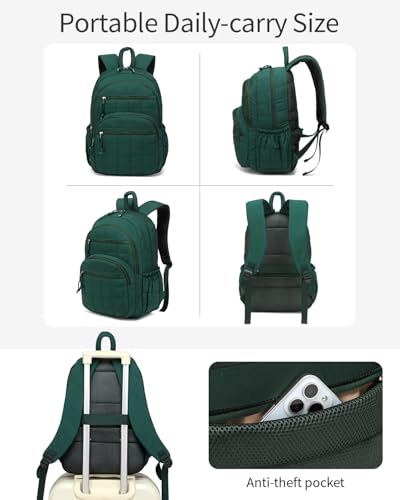 Image of Bookbag for Women, Teen Girls Backpack for High School College Student, Puffer Quilted Back Pack Cute Laptop Backpack for Work Travel Mom Casual Daypack, Dark Green