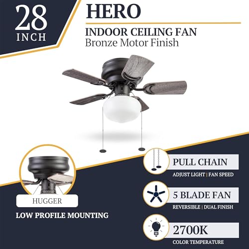 Prominence Home Hero 28 Inch Traditional Flush Mount LED Ceiling Fan with Light, Pull Chain Control, 5 Dual Finish Blades, Bronze