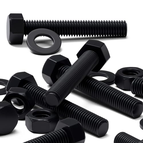 Image of 10x Black Nylon PA66 Hex Head Plastic Bolts, Nuts & Washers, M10 x 50 mm, Fastener, (25 /64 x 1 31 /32 in)