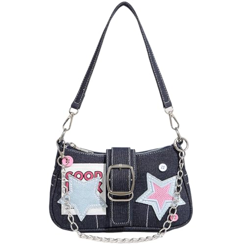 Image of Cute Y2k Purse for Women, Star Embroidery Pattern with Chain Strap Shoulder Bag, Goth Style Cute Mini Purse