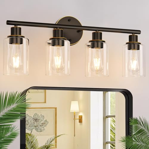 4-Light Bathroom Light Fixtures, Brown and Gold Modern Vanity Lights Over Mirror with Clear Glass Shade, Bathroom Wall Lamp for Mirror Kitchen Living Room Hallway Cabinet Porch Bedroom Reading room