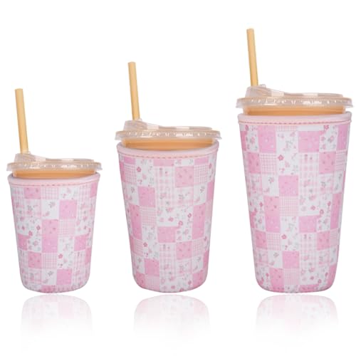 Image of Reusable Insulated Sleeve for Iced Coffee Cup, 3-Pack Coffee Neoprene Drink Sleeve for Cold & Hot Drinks, Beverage Holder for Iced Coffee (Pink Patchwork)