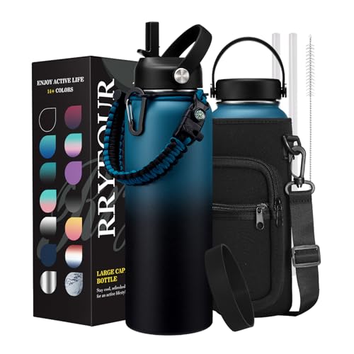 40/64/128 oz Insulated Water Bottle with Straw - Flex Cap Lids, Paracord Handle, Bottle Carrier Bag w/Strap, Vacuum Stainless Steel 40oz Water Bottles, Double Wall Flask Metal Water Flask Jug