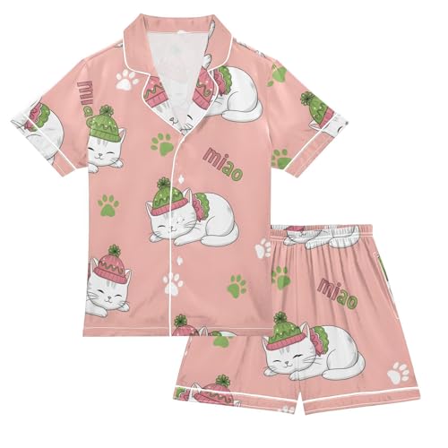Satin Pajama Sets Short Sleeve Cute Cats with Hats Button Down Silky Nightwear 2 Piece PJS 5-14Y
