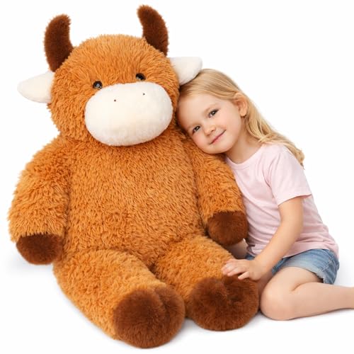 Cudhug 32" Big Highland Cow Stuffed Animal, Giant Highland Cow Plush Toy Huge Size Fluffy Plushy Fat Plushie Gift for Kids