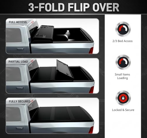 Image of 5ft FRP Hard 3-Fold Truck Bed Tonneau Cover fits 2019, 20, 21, 22, 23, 2024 Ford Ranger 5' 1 inch (61 inch) Bed | Easy to Install & Lighter, Security Lock & Waterproof Cover | Not fit Cargo Management Rails