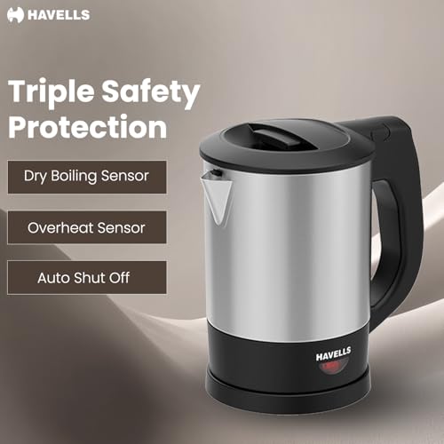 Image of Havells HOTSIP Electric Kettle | 1250 W | 1 L Capacity | Rust Resistant 304 Stainless Steel Tank | Triple Safety Protection | Wider Mouth for Easy Filling (Black & Silver)